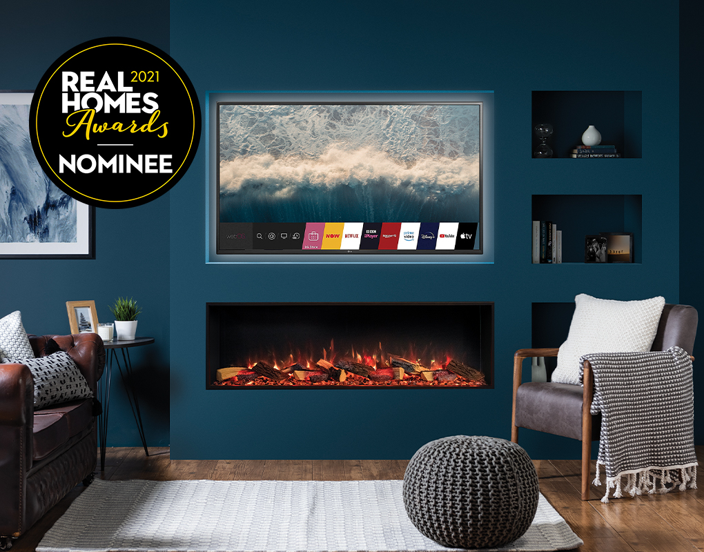Onyx Avanti electric fire and Real Homes Awards 2021 logo
